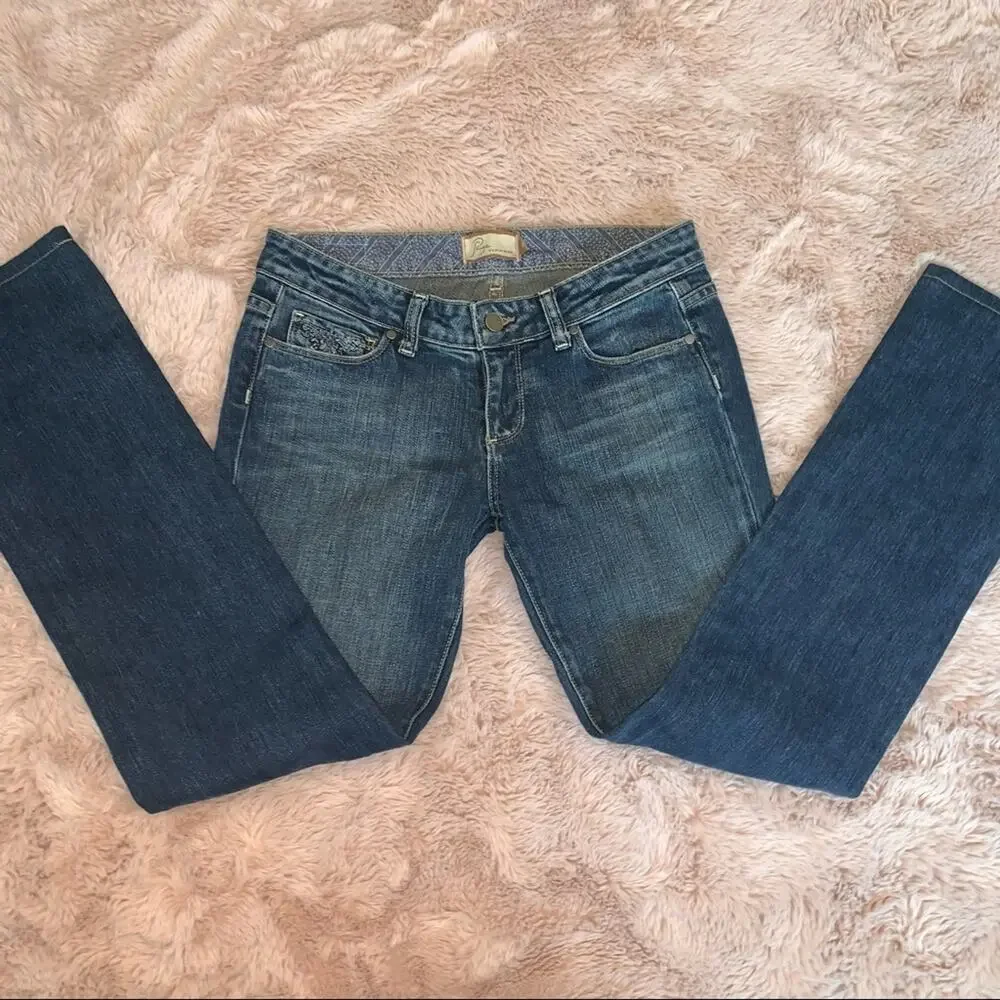 Paige Premium Denim Embroidered Blue Heights Straight Leg Jeans Size: 28